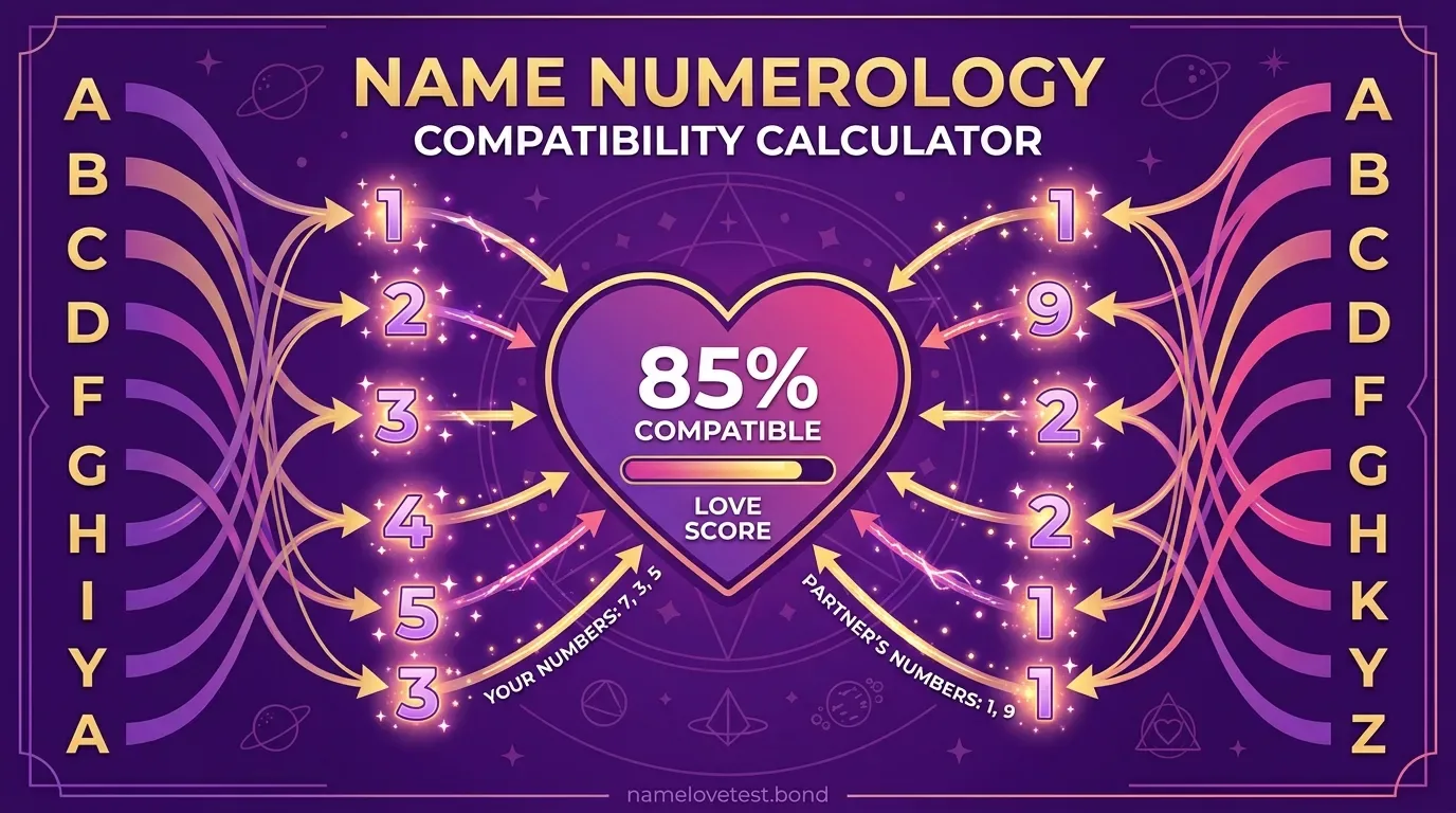Name Numerology Compatibility Calculator showing Pythagorean and Chaldean letter-to-number charts with Expression, Soul Urge, and Personality number breakdown